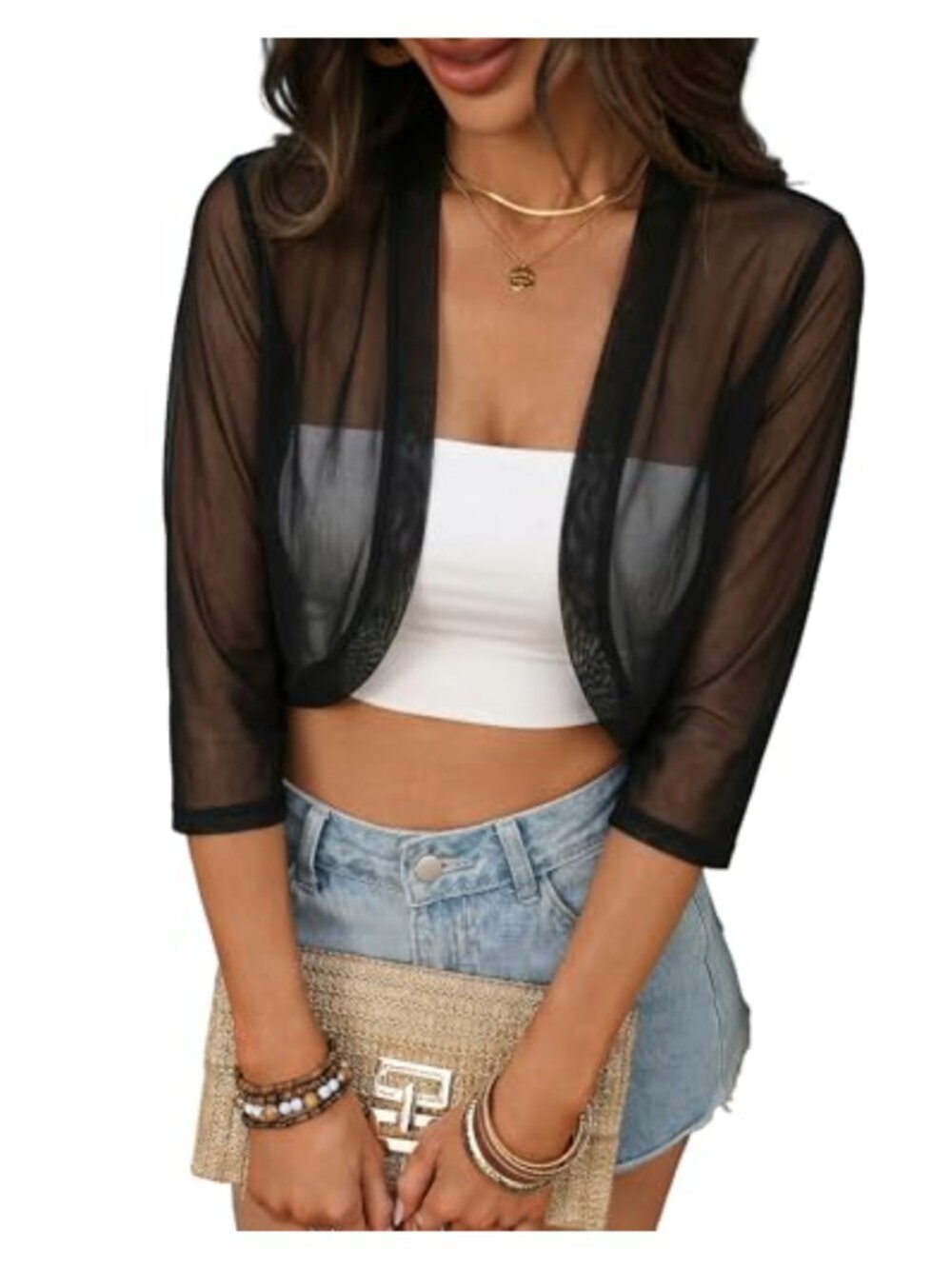 Women's Bolero Shrug Cardigan Open Front Cropped 3/4 Sleeve Sheer Knit